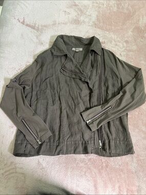 Flax Brown Asymmetrical Zip Lightweight Linen and Cotton Blend Jacket